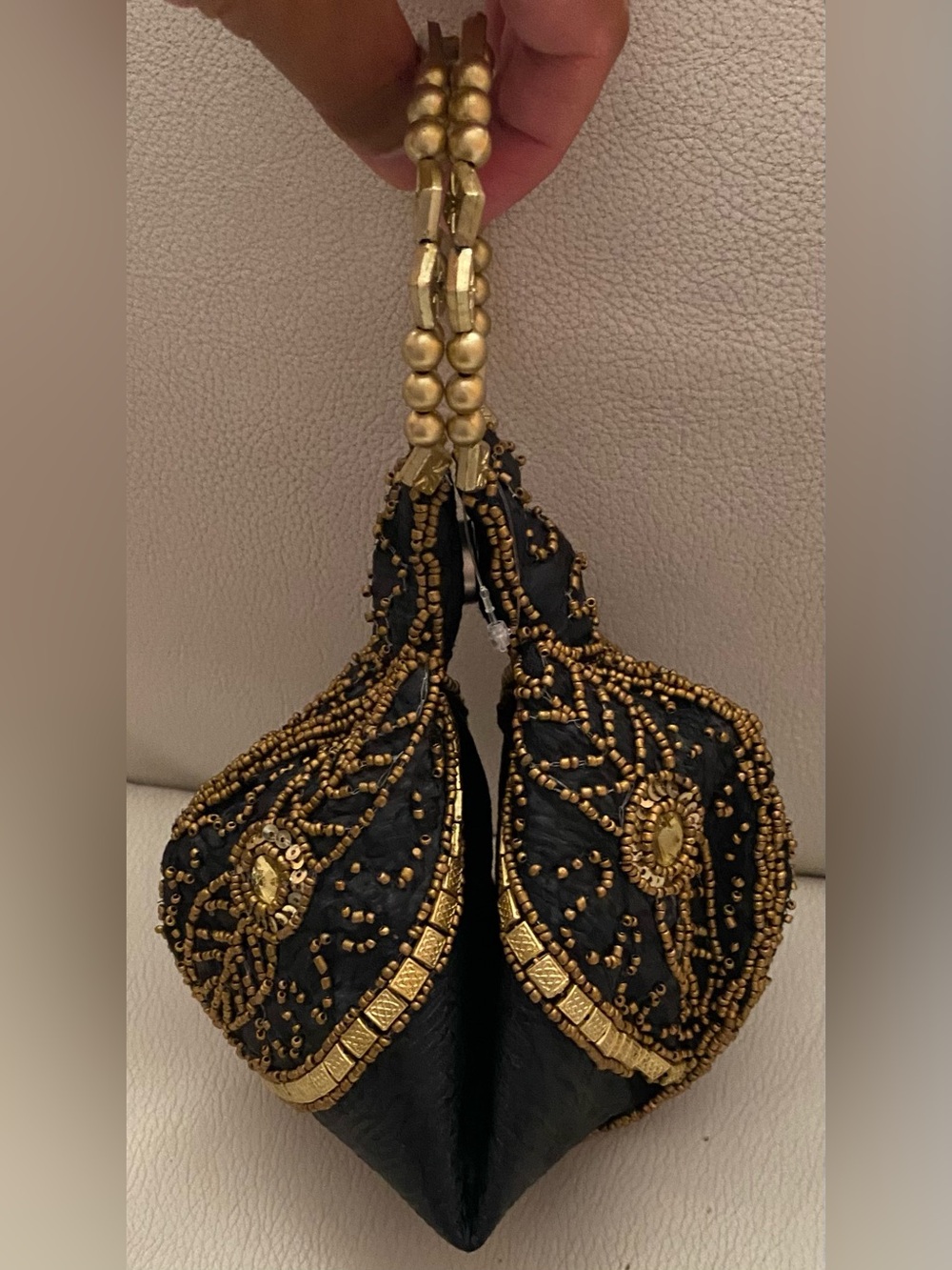 Potli Fortune Cookie Bag Purse Wristlet Brown Gold Bead
Work Embroidered